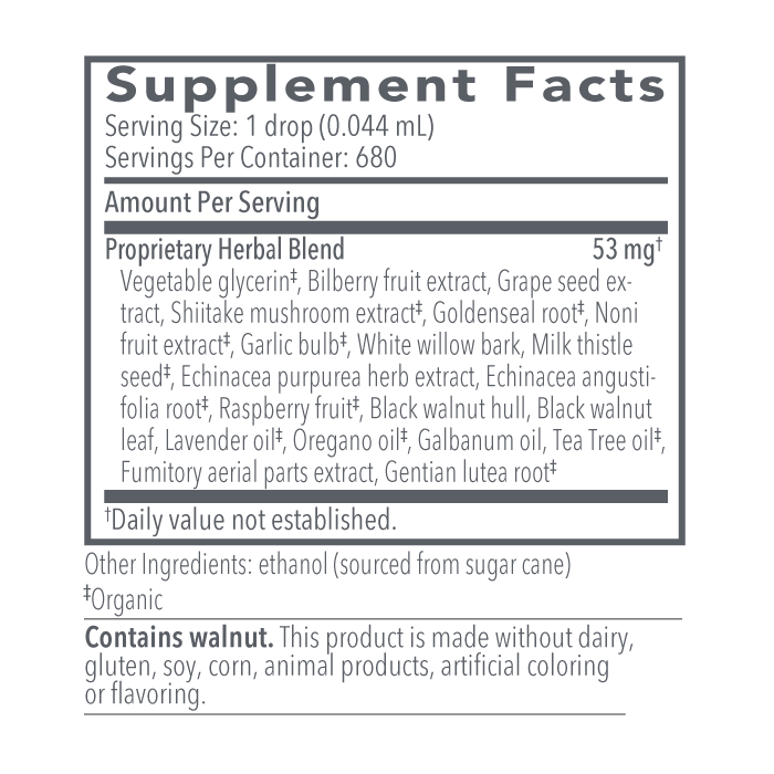 Supplement facts for Biocidin 1oz liquid, featuring a blend of herbs for digestive and immune system health.
