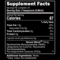 Supplement facts for Brain Juice, featuring ingredients that support brain health, memory, concentration, and overall cognitive function.