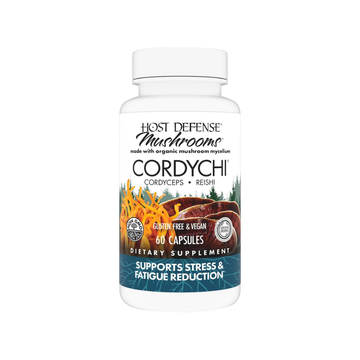 CordyChi® dietary supplement capsules featuring a blend of Cordyceps and Reishi mushrooms. Designed for adults with active lifestyles, this supplement supports energy levels, stress reduction, cardiovascular health, and immune response.