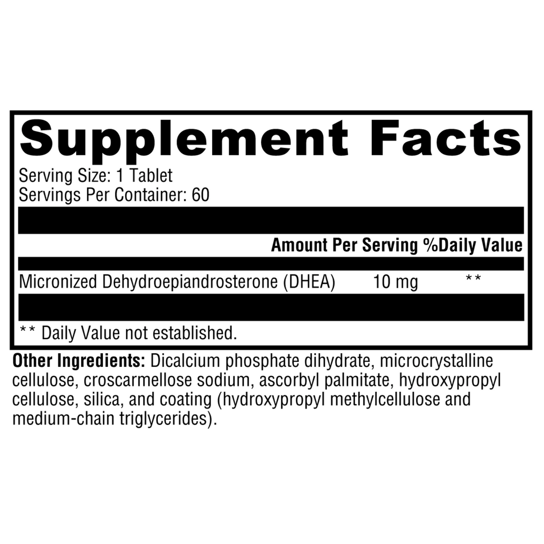 DHEA 10 mg supplement bottle, providing a low-dose DHEA formula to support hormone balance, energy levels, and overall well-being.