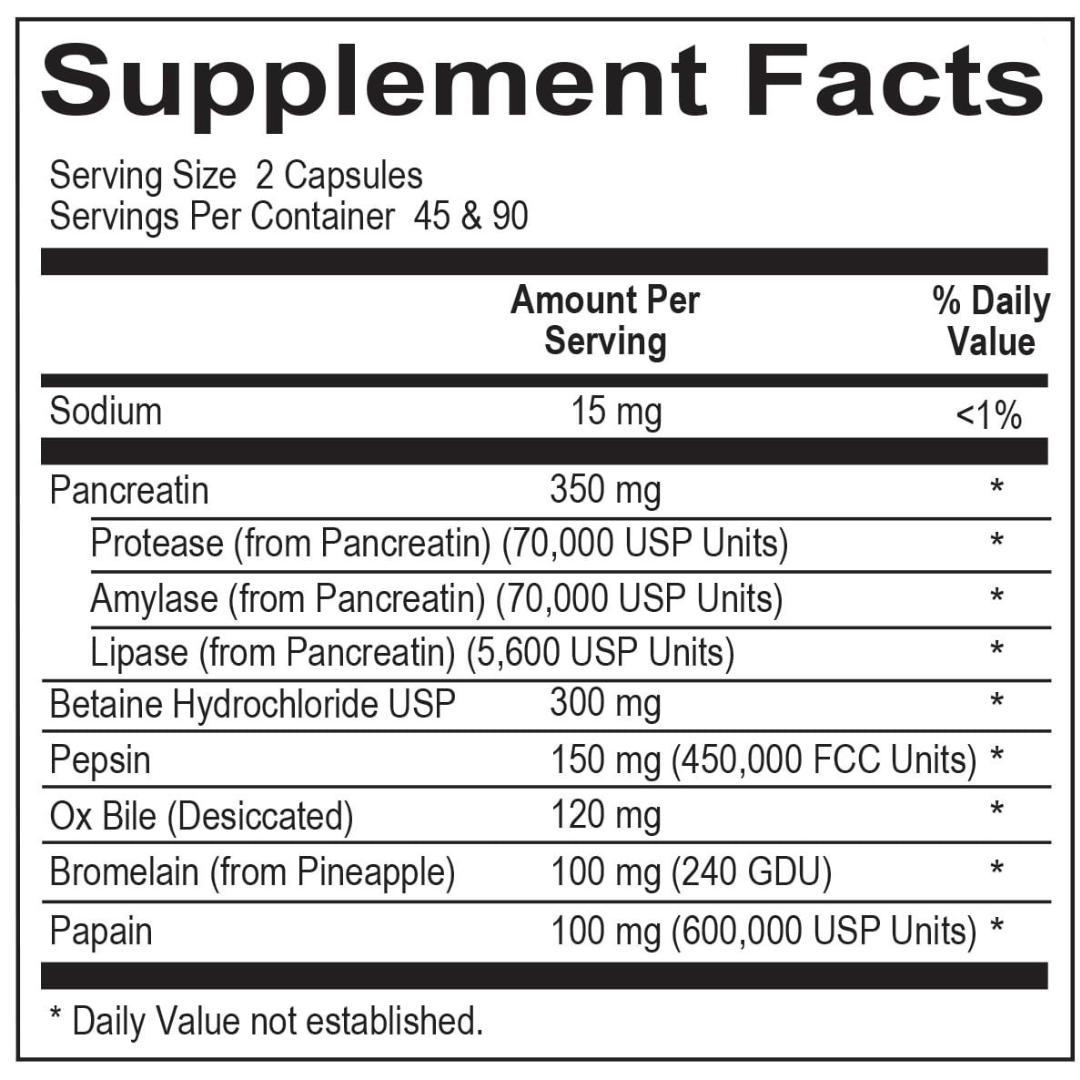 A dietary supplement containing a blend of digestive enzymes designed to support the breakdown of proteins, fats, and carbohydrates, improving digestion and nutrient absorption. It may help with bloating, gas, and discomfort after meals. Often presented in capsule form.