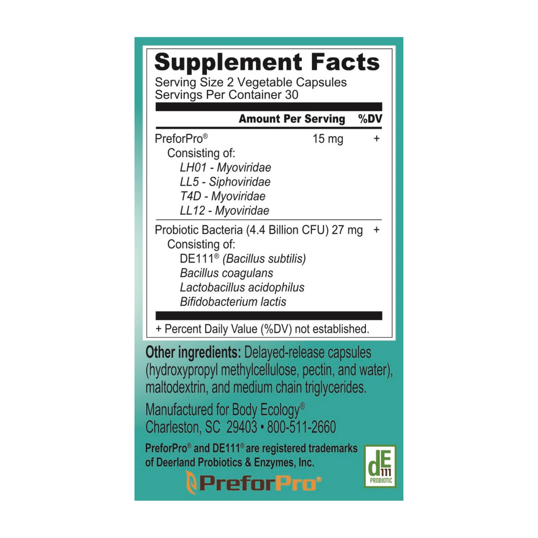 Ecophage 60ct dietary supplement bottle containing 60 capsules for digestive health, promoting gut balance and wellness.