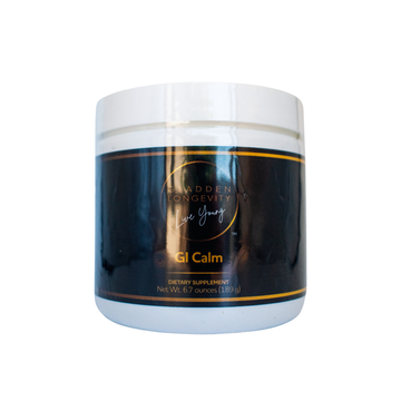 GI Calm Powder supplement, a natural formula designed to support digestive health, soothe the stomach, and relieve occasional bloating and discomfort.