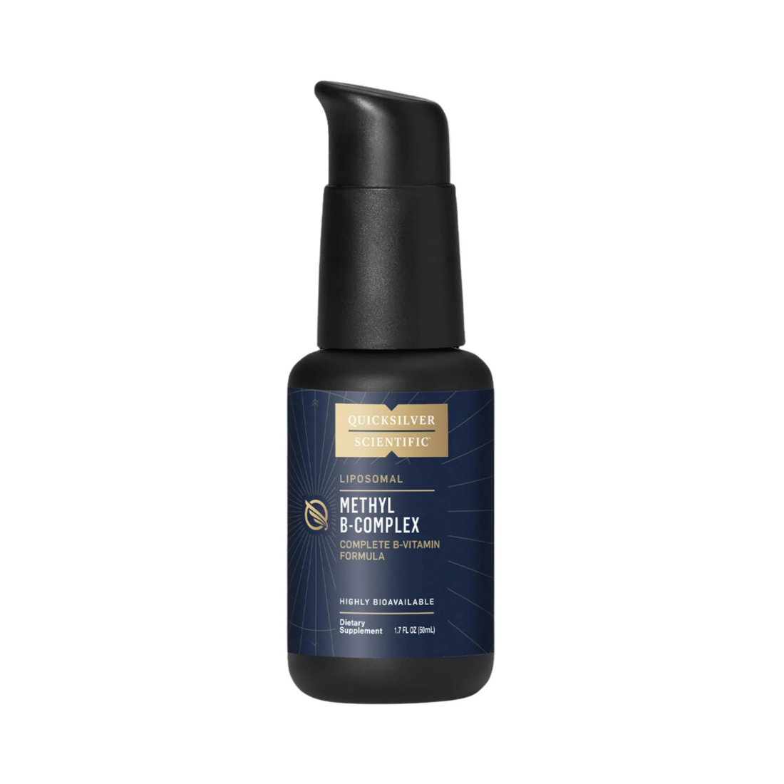 Methyl B-Complex dietary supplement featuring essential B vitamins for energy, immune support, and cognitive function, presented in a pump bottle.