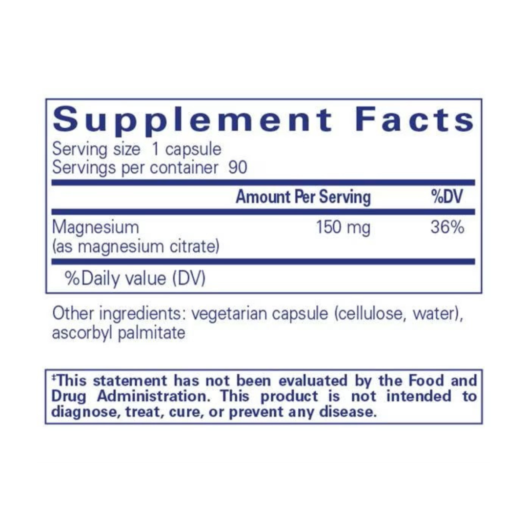 Magnesium Citrate dietary supplement capsules, supporting energy production, cardiovascular health, and bone mineralization.