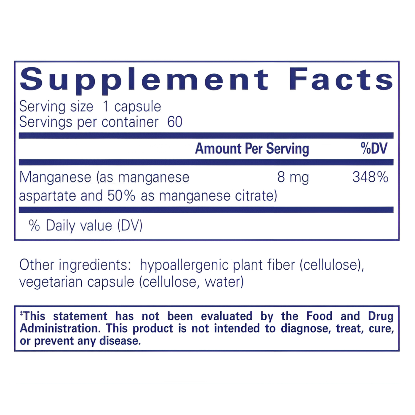 Supplement facts for Manganese (aspartate/citrate), detailing key ingredients and dosage.
