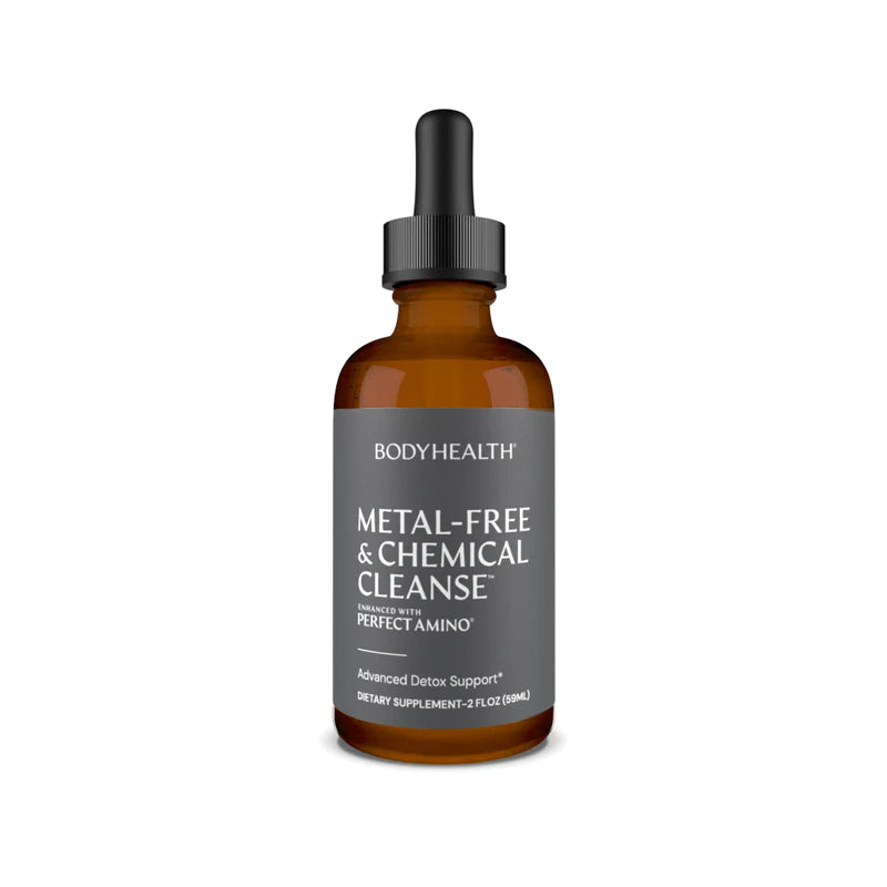 Metal Free & Chemical Cleanse bottle, featuring an organic herbal detoxifier formula with Fullerene, designed to absorb and remove harmful toxins from the body, enhanced with PerfectAmino.