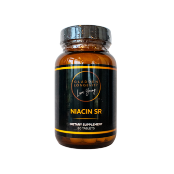 Bottle of Niacin SR 500mg, 60 sustained-release tablets for cardiovascular and lipid support.