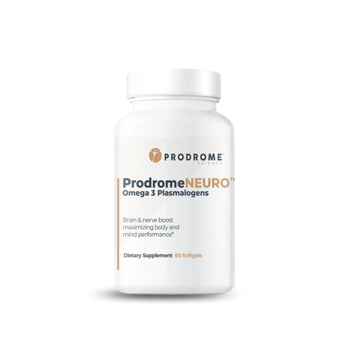 ProdromeNEURO™ supplement featuring omega-3 DHA plasmalogen precursors for optimal brain function, neuroprotection, and enhanced cognition, including Omega-3 Plasmalogen Oil and clove oil in a convenient softgel format.