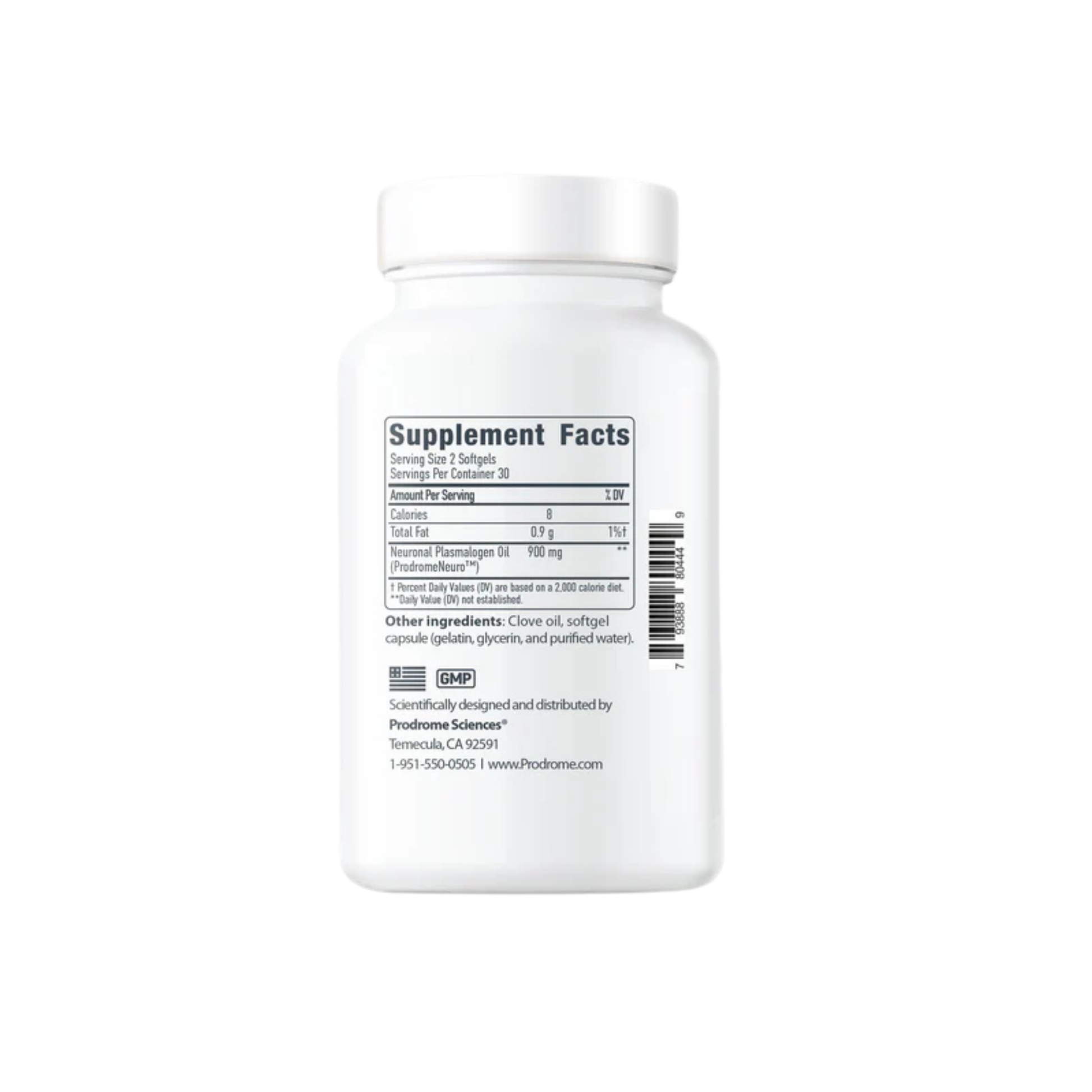 ProdromeNEURO™ supplement featuring omega-3 DHA plasmalogen precursors for optimal brain function, neuroprotection, and enhanced cognition, including Omega-3 Plasmalogen Oil and clove oil in a convenient softgel format.