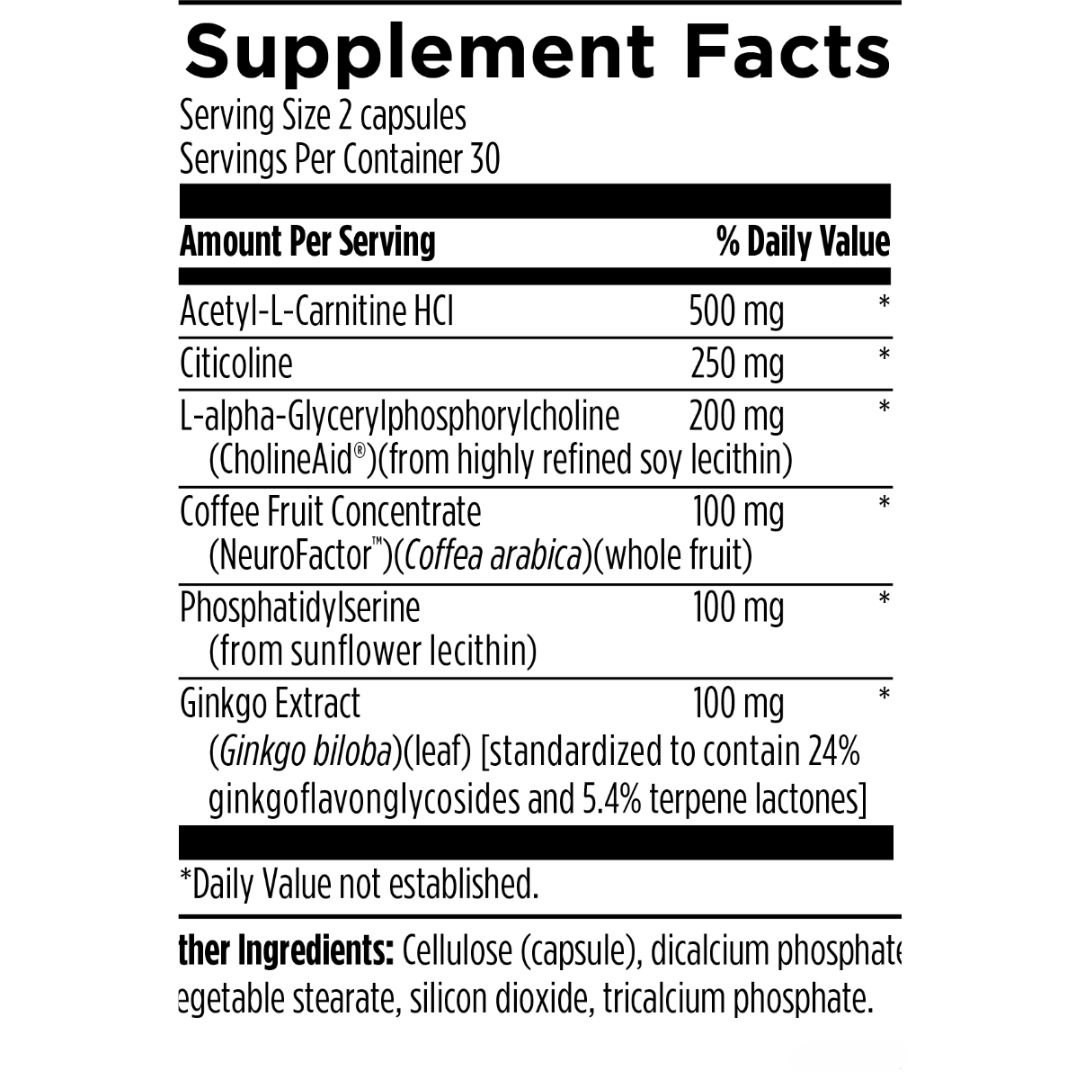 Supplement facts for Vital Cognition, featuring ingredients to support mental clarity, focus, and brain health