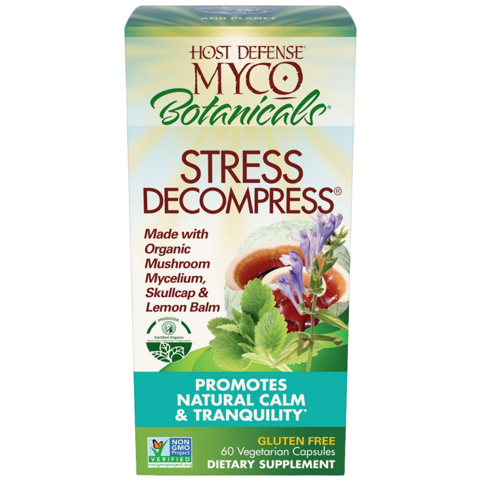 MycoBotanicals® Stress Decompress® supplement with a blend of mushrooms and herbs for stress relief and calmness.