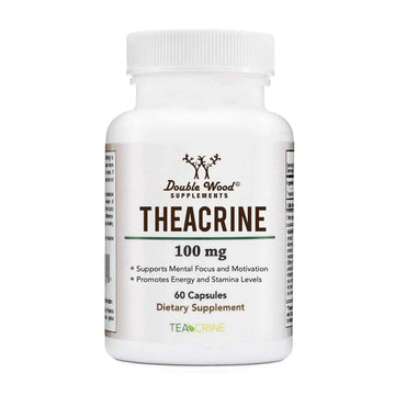 Theacrine 100 mg capsules, 60 count, designed for energy and focus support, featuring slow tolerance buildup compared to caffeine, enhancing motivation and concentration.