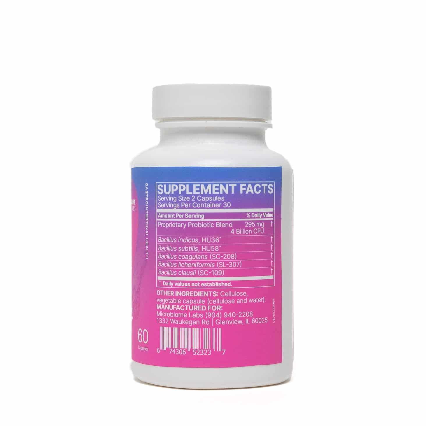 MegaSporeBiotic™ capsules, a broad-spectrum spore-based probiotic supporting gut health, featuring ingredients like Bacillus Licheniformis and Bacillus Indicus HU36™ for promoting microbial diversity and maintaining a healthy gut microbiome.