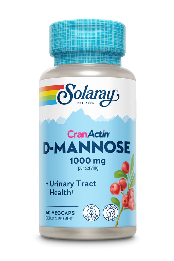 Solaray D-Mannose with CranActin Cranberry Extract supplement, featuring vegan and non-GMO ingredients to support urinary tract health. Contains D-Mannose, CranActin cranberry extract, and Vitamin C for immune support.