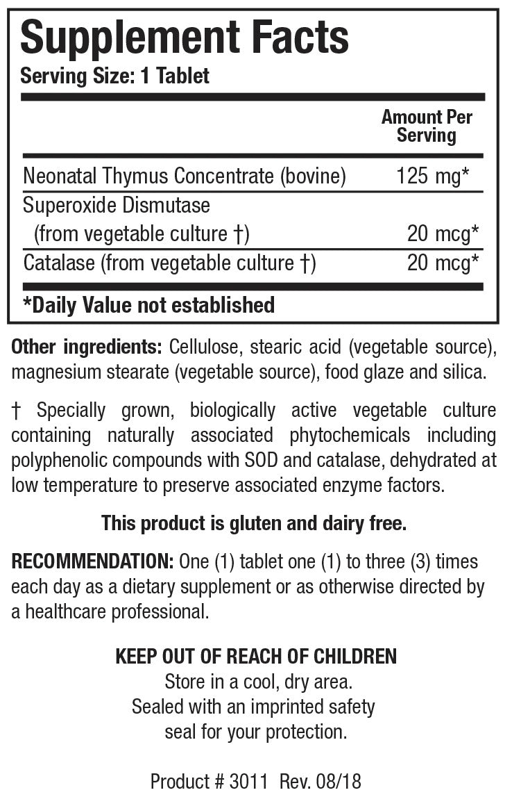 Cytozyme-THY™ supplement featuring neonatal thymus concentrate (bovine) combined with antioxidant enzymes superoxide dismutase (SOD) and catalase. This formula is designed to support immune system development and T cell maturation.