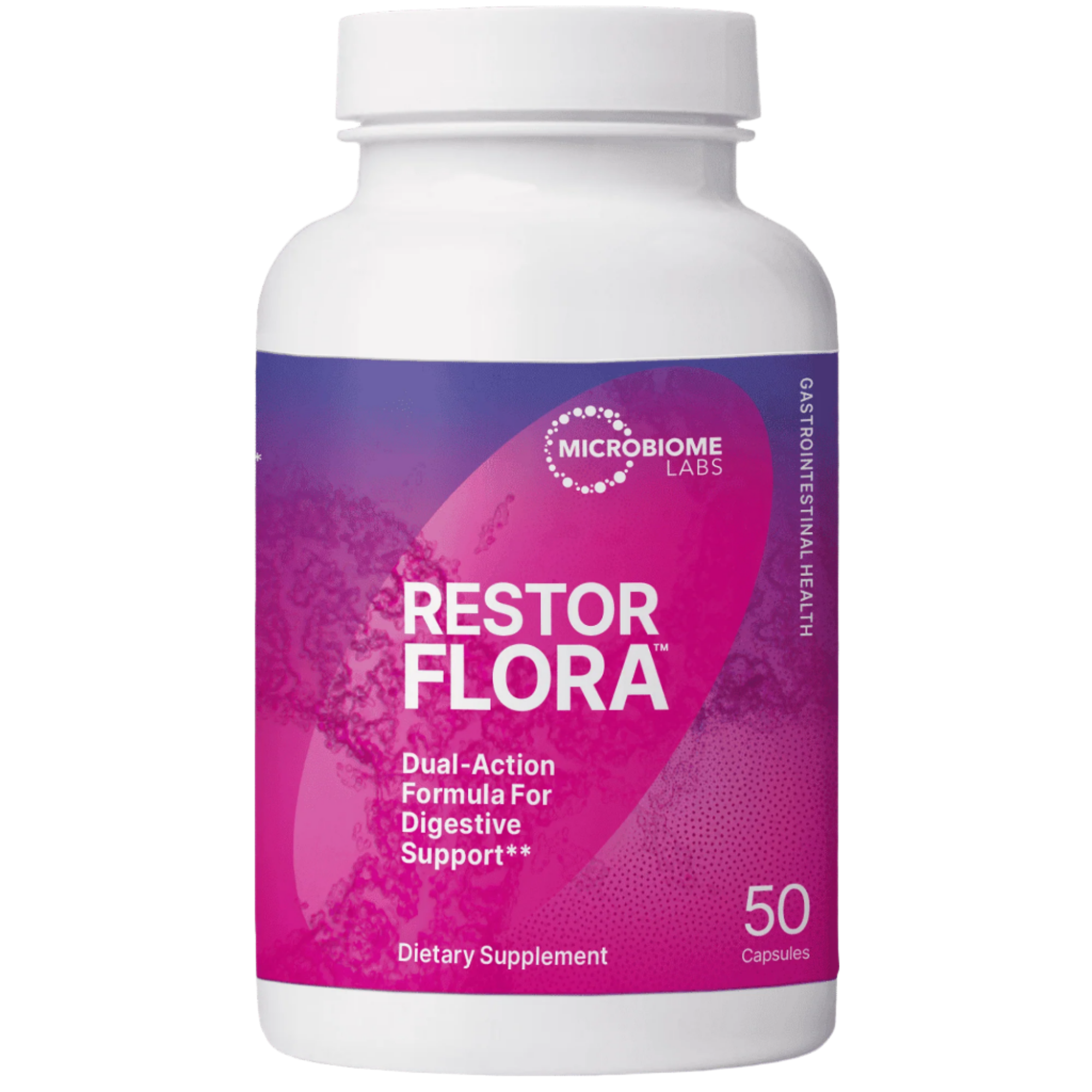 RestorFlora™ probiotic capsules with Saccharomyces boulardii, Bacillus subtilis, and Bacillus clausii for digestive and immune support.