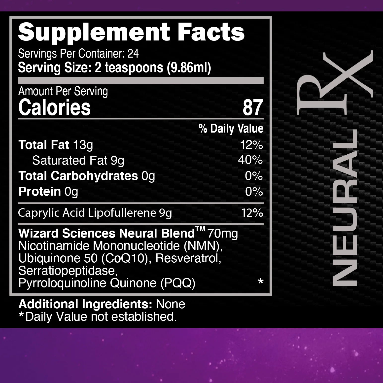 Neural RX nootropic supplement in a dark bottle, formulated with Caprylic Acid Lipofullerene and a proprietary Neural Blend for cognitive support and antioxidant protection.