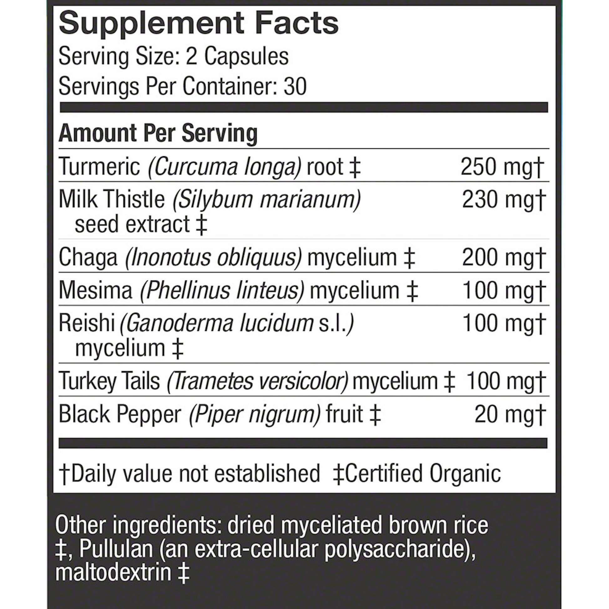 MycoBotanicals® Liver supplement featuring a blend of mushroom mycelium and herbs for liver health and detox support. Contains Chaga, Reishi, Milk Thistle, and Turmeric, formulated for daily use.