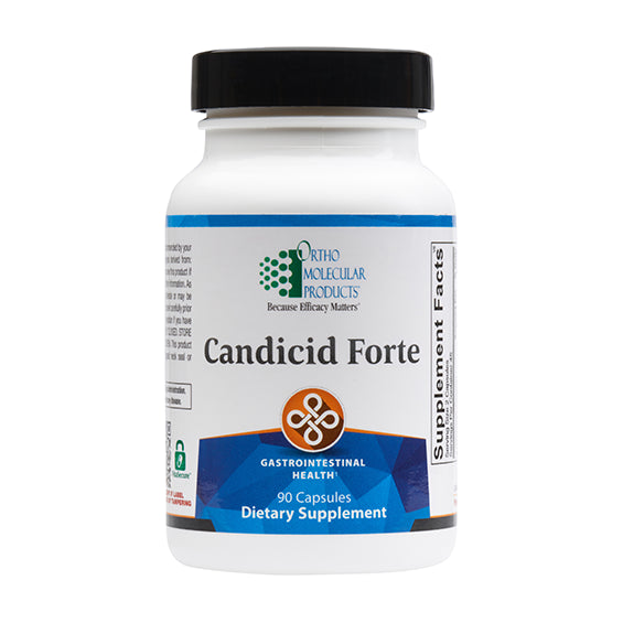 Container of Candicid Forte capsules, a dietary supplement formulated with biotin, sodium caprylate, and various botanical extracts like oregano and ginger to support gastrointestinal health and maintain microbial balance.