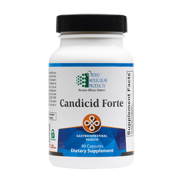 Container of Candicid Forte capsules, a dietary supplement formulated with biotin, sodium caprylate, and various botanical extracts like oregano and ginger to support gastrointestinal health and maintain microbial balance.