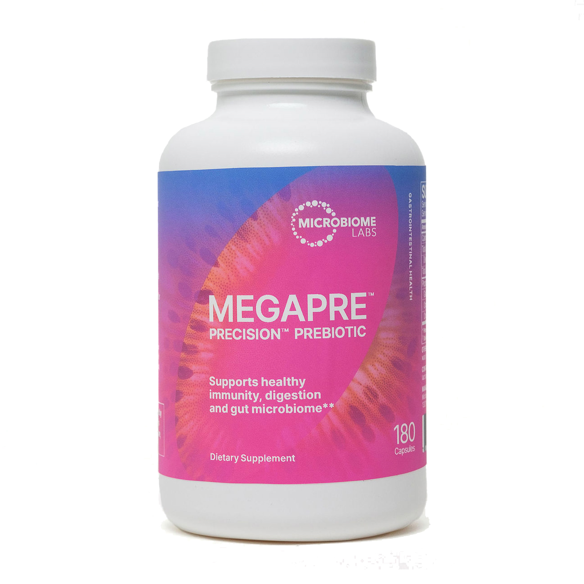 MegaPre capsules, a Precision Prebiotic designed to support gut microbiome diversity without feeding pathogens, featuring a proprietary blend of prebiotic fibers.