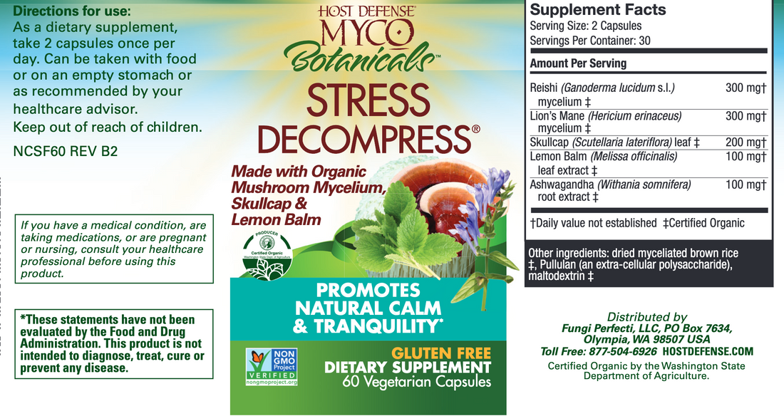 MycoBotanicals® Stress Decompress® supplement with a blend of mushrooms and herbs for stress relief and calmness. 