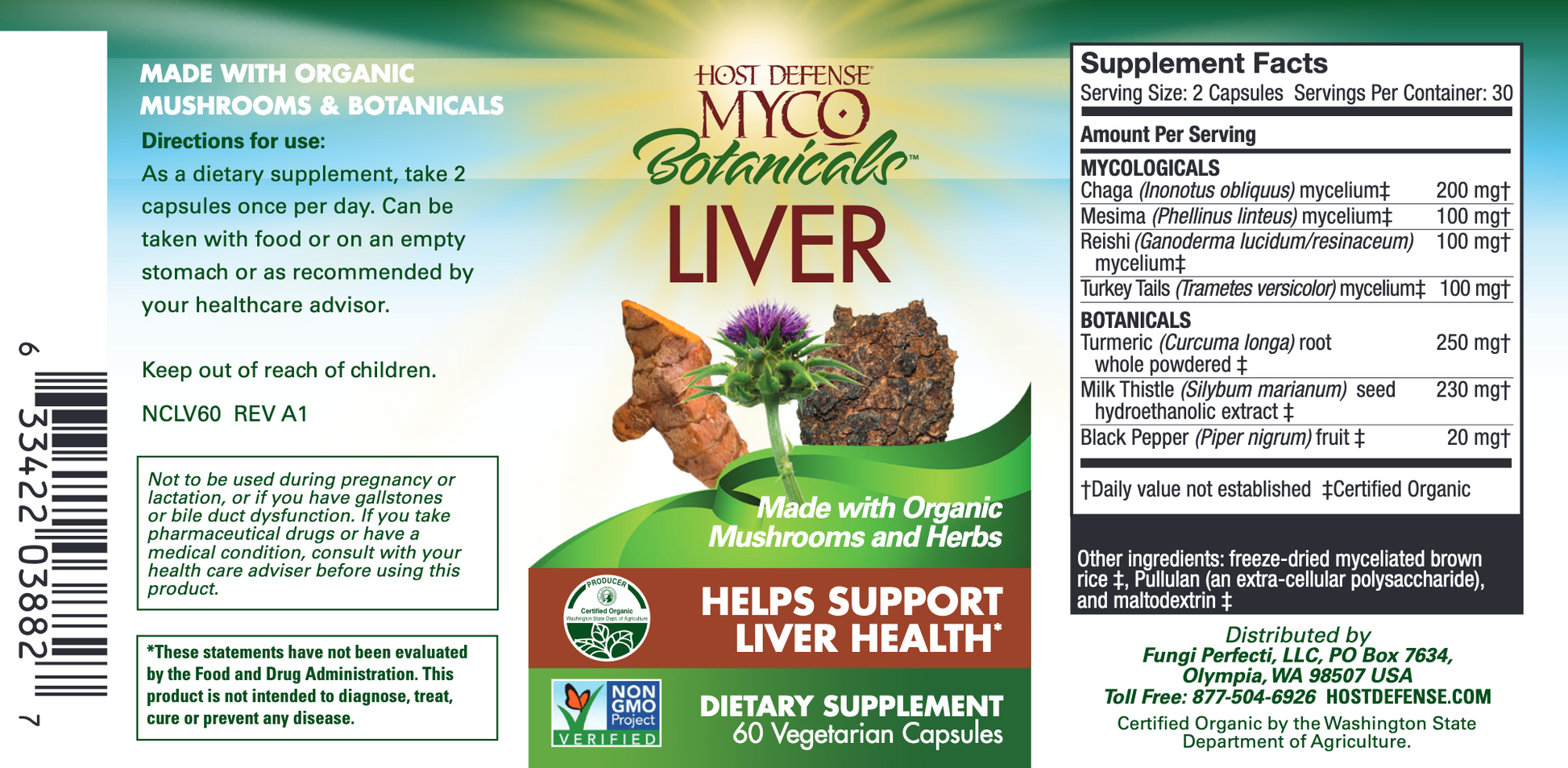 MycoBotanicals® Liver supplement featuring a blend of mushroom mycelium and herbs for liver health and detox support. Contains Chaga, Reishi, Milk Thistle, and Turmeric, formulated for daily use.