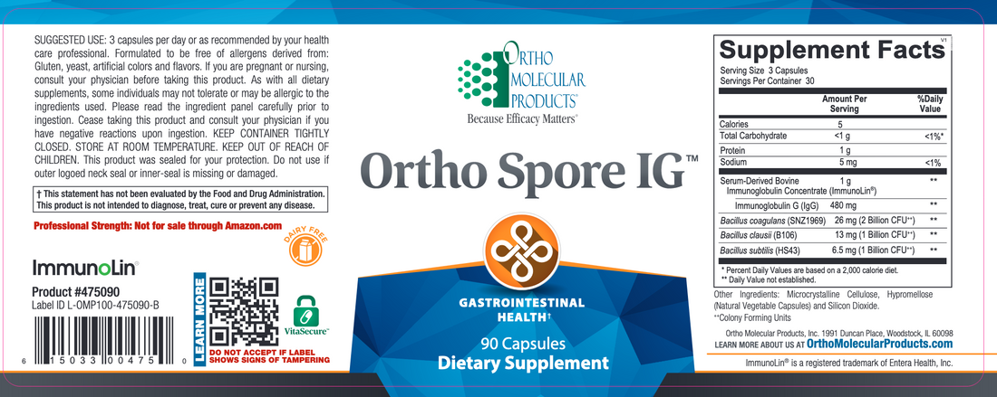 Ortho Spore IG™ probiotic supplement, a broad-spectrum formula designed to support gut health, SIBO relief, and mucosal immunity with serum-derived bovine immunoglobulins.