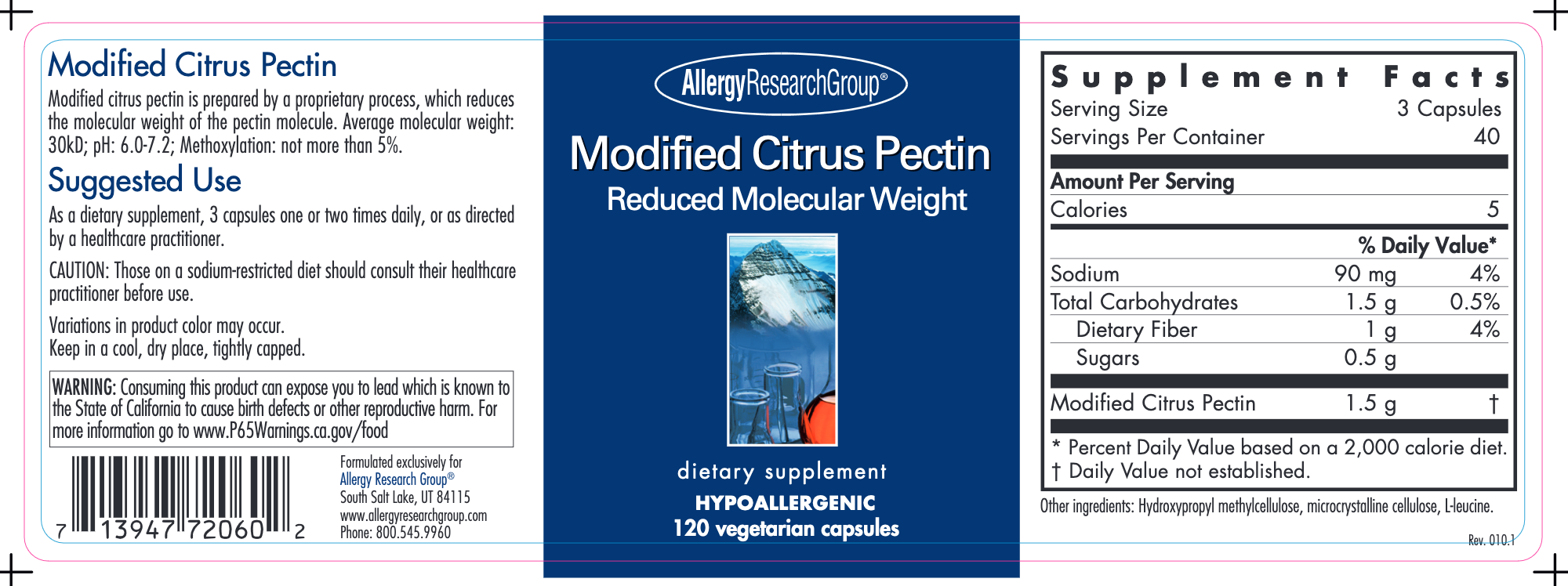 Modified Citrus Pectin dietary supplement, featuring 1.5g of pectin per serving in a 40-serving bottle. Promotes health and wellness, with a proprietary process for reduced molecular weight. Ideal for those on a sodium-restricted diet.