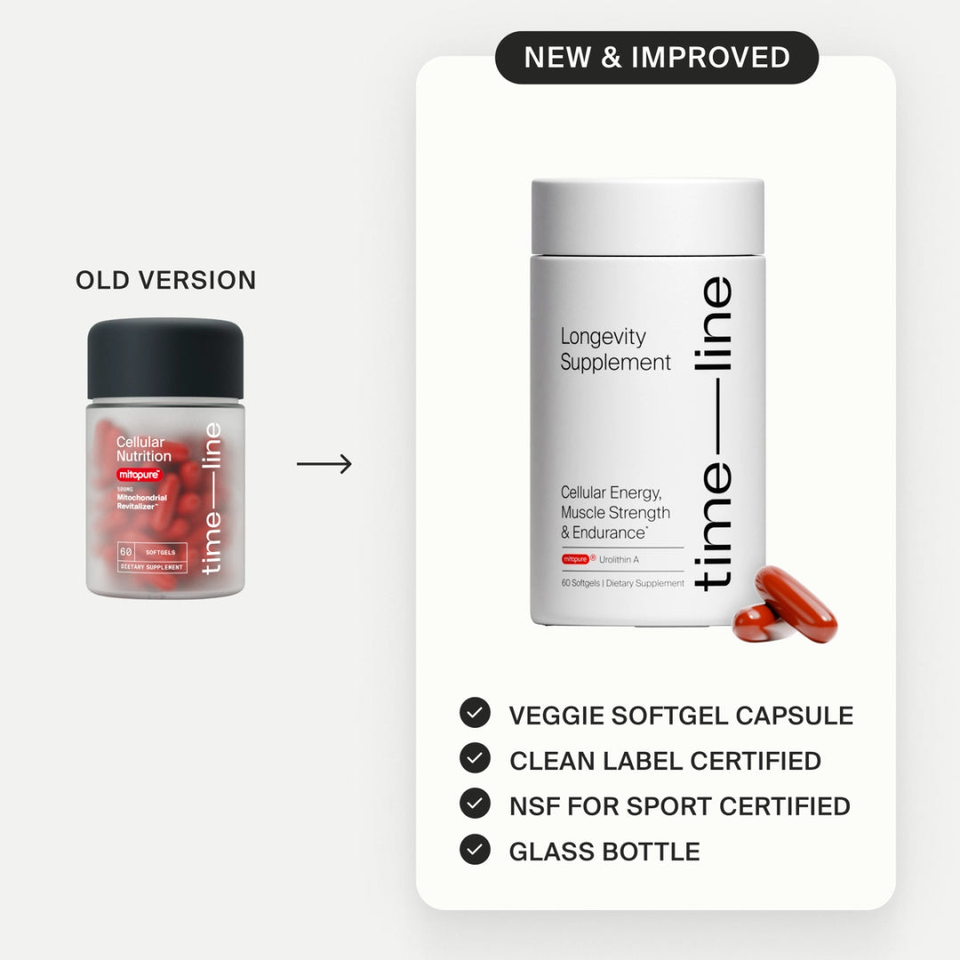 Mitopure vegan softgels containing 500mg of Urolithin A for improved cellular health, muscle strength, and endurance. Clinically validated formula for enhancing mitochondrial function and combating aging.