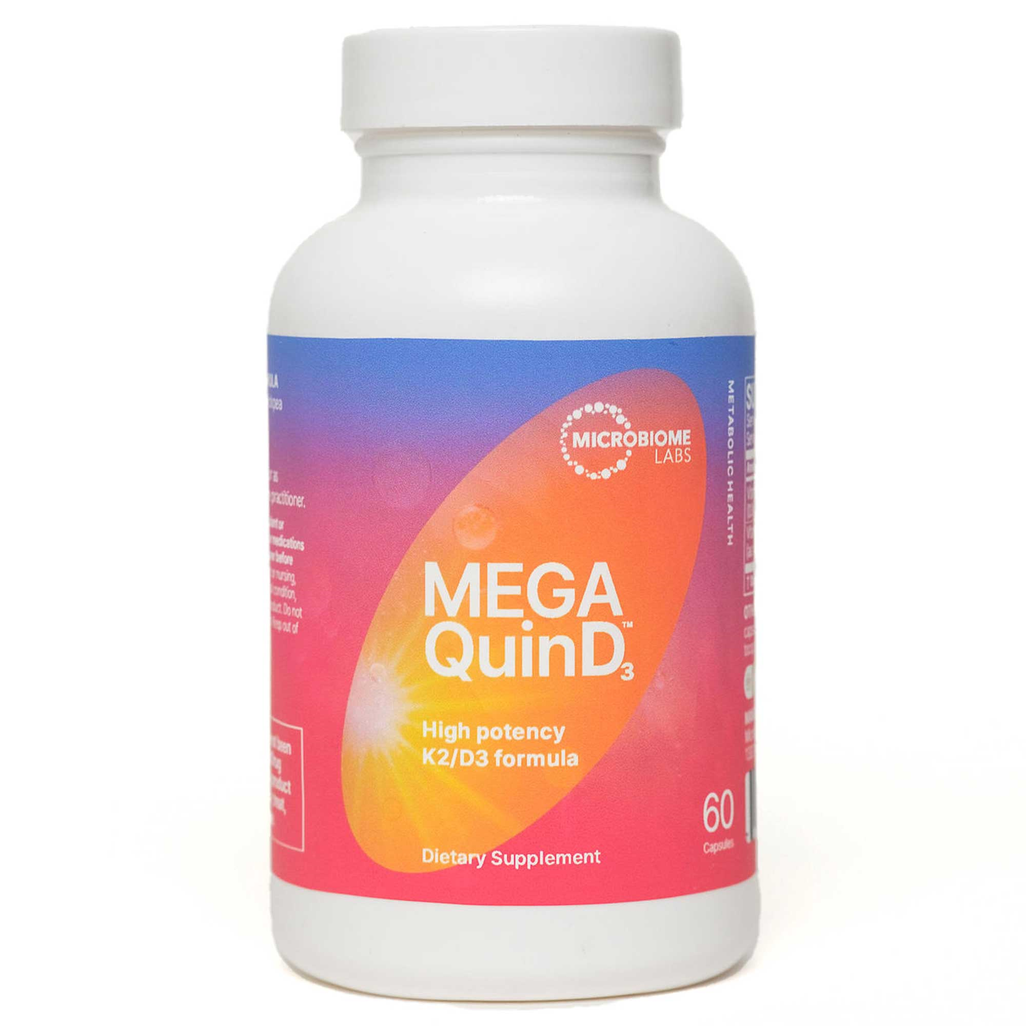 MegaQuinD₃™ capsules, a high-potency K2/D3 supplement promoting bone, heart, and immune health, featuring a synergistic formula with natural chickpea-derived vitamin K2-7 and lanolin-derived vitamin D3.