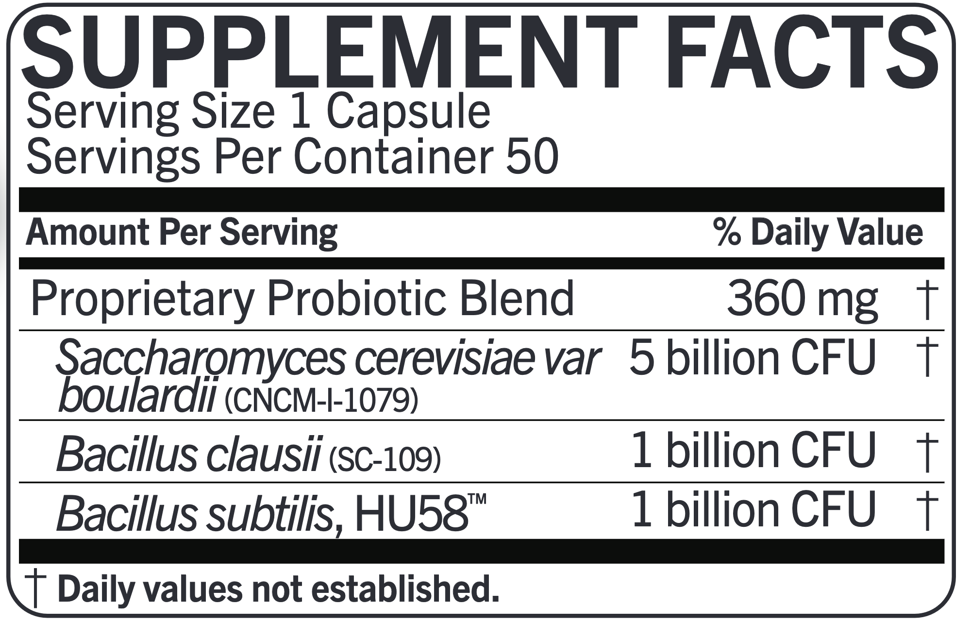 RestorFlora™ probiotic capsules with Saccharomyces boulardii, Bacillus subtilis, and Bacillus clausii for digestive and immune support.