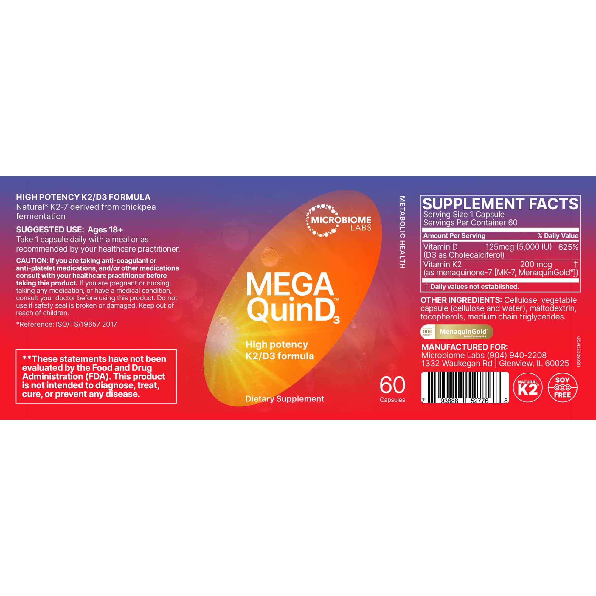 MegaQuinD₃™ capsules, a high-potency K2/D3 supplement promoting bone, heart, and immune health, featuring a synergistic formula with natural chickpea-derived vitamin K2-7 and lanolin-derived vitamin D3.