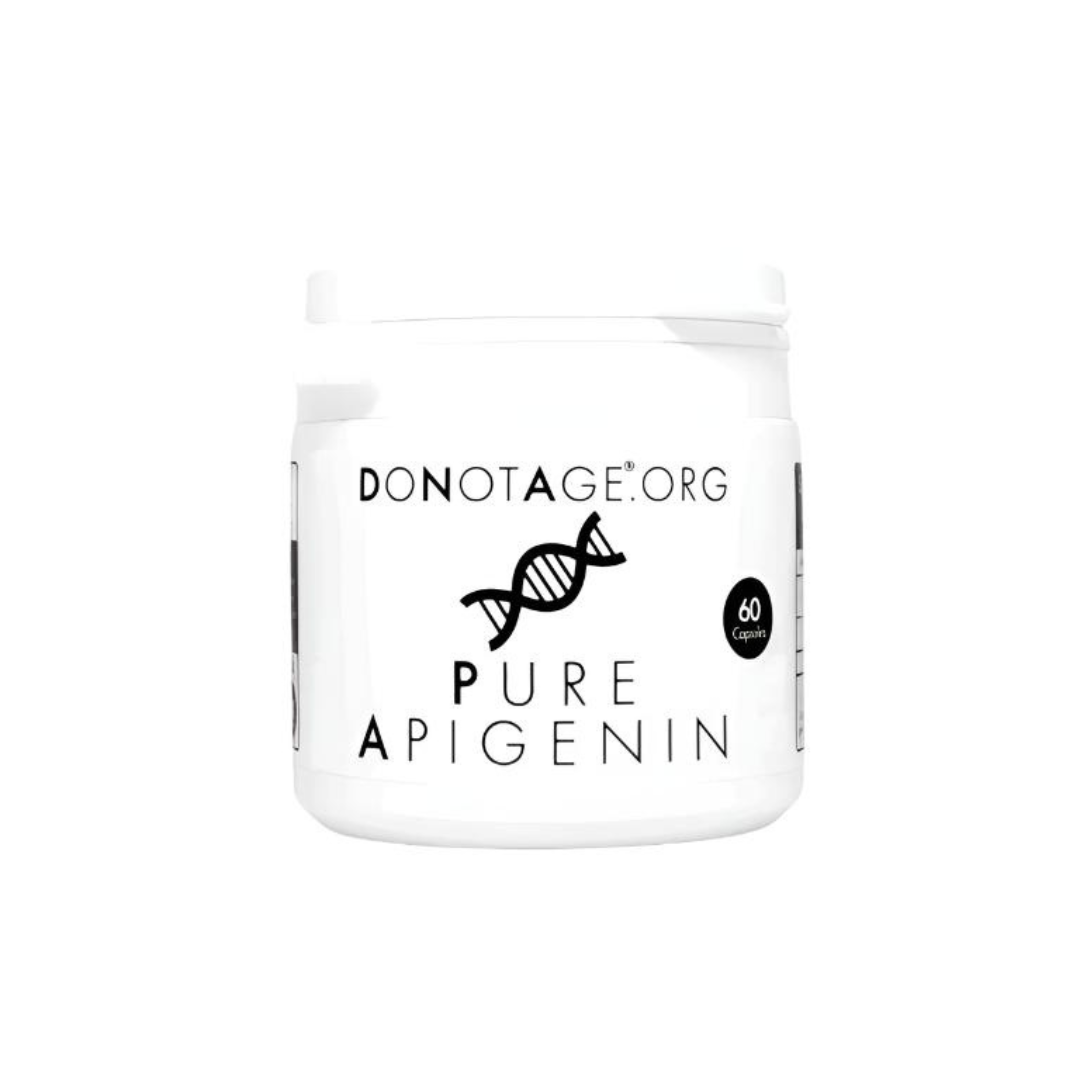 Apigenin supplement featuring 250 mg of pure apigenin in a vegetable cellulose capsule, known for boosting NAD+ levels, anti-inflammatory properties, and neuroprotective effects.