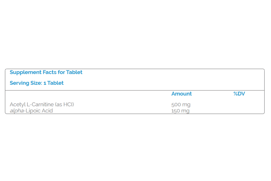 Supplement facts for Acetyl L-Carnitine & Alpha Lipoic Acid, showing key ingredients and nutritional information.