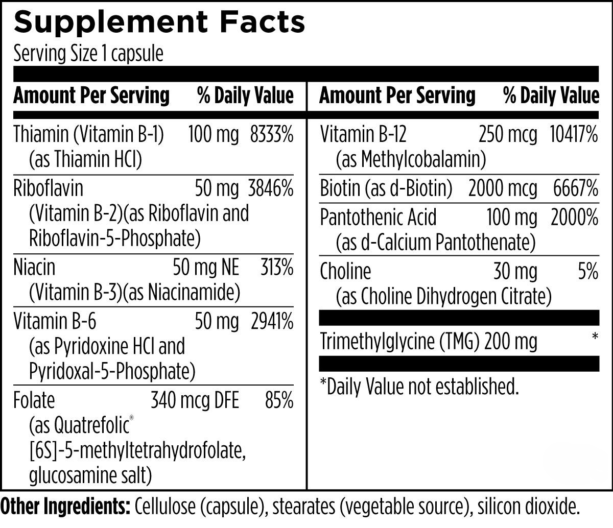 Supplement facts for Activated B 120 capsules, B-vitamin blend ingredients, dosage, and nutritional information for energy support.