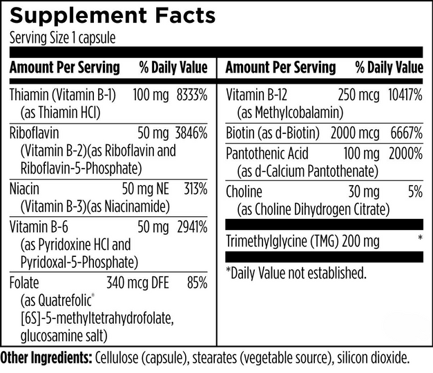 Supplement facts for Activated B 120 capsules, B-vitamin blend ingredients, dosage, and nutritional information for energy support.