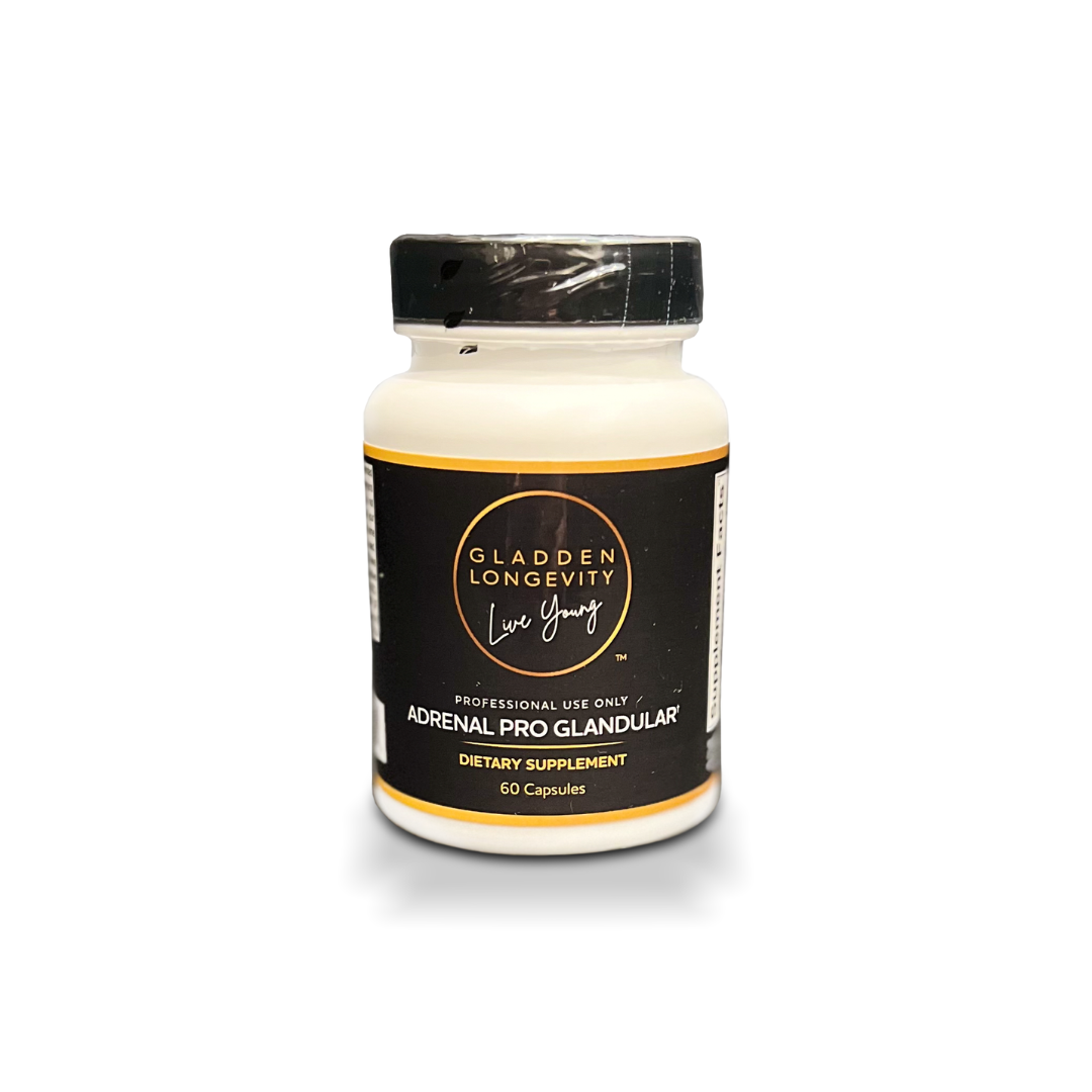 Adrenal Pro Glandular supplement bottle, designed to support adrenal health and stress management with natural glandular ingredients.