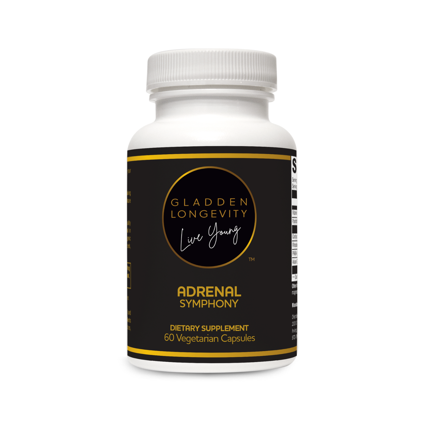 Adrenal Symphony supplement bottle promoting energy, vitality, and adrenal health with natural ingredients.