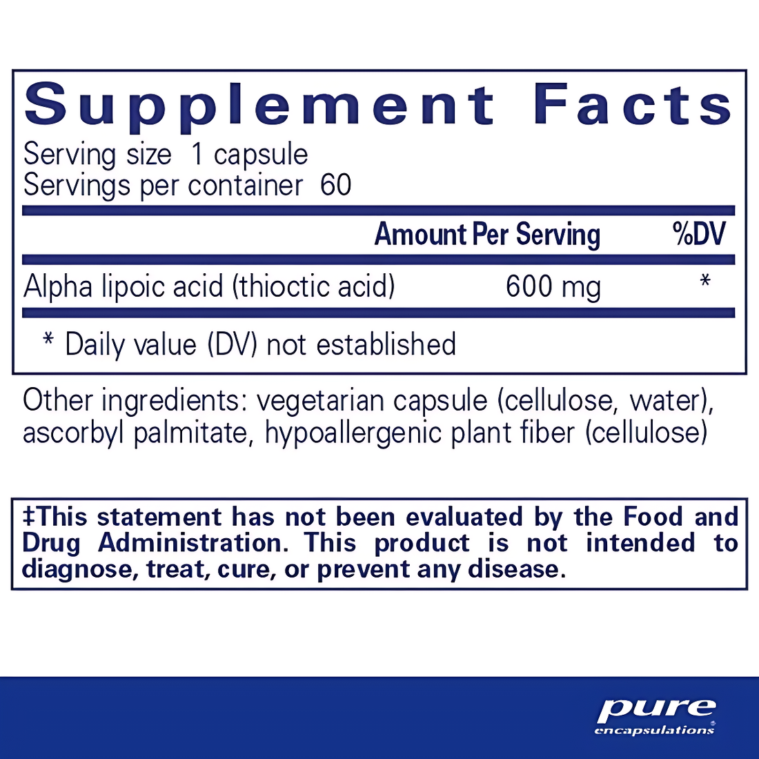 Alpha Lipoic Acid helps maintain healthy glucose metabolism, supports the nervous system, and provides nutritional support for metabolic processes. Pure Encapsulations Alpha Lipoic Acid supports healthy glucose metabolism and the nervous system with water and fat-soluble antioxidants.