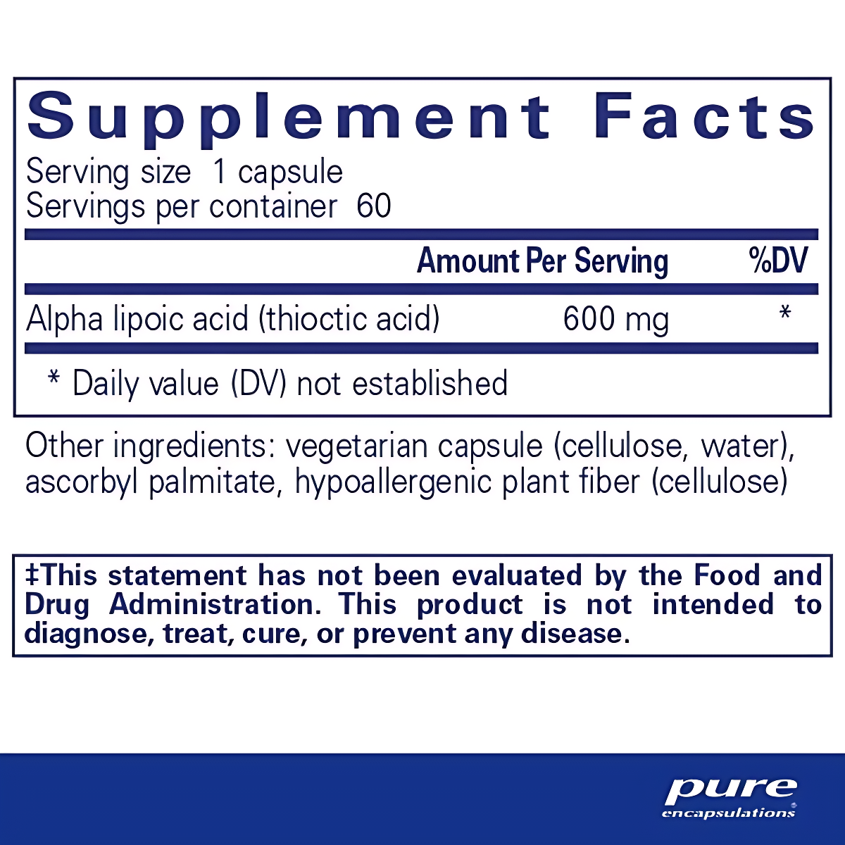 Supplement facts for Alpha Lipoic Acid 60ct, detailing the ingredients and nutritional information for optimal health support.