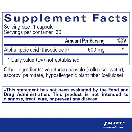 Supplement facts for Alpha Lipoic Acid 60ct, detailing the ingredients and nutritional information for optimal health support.