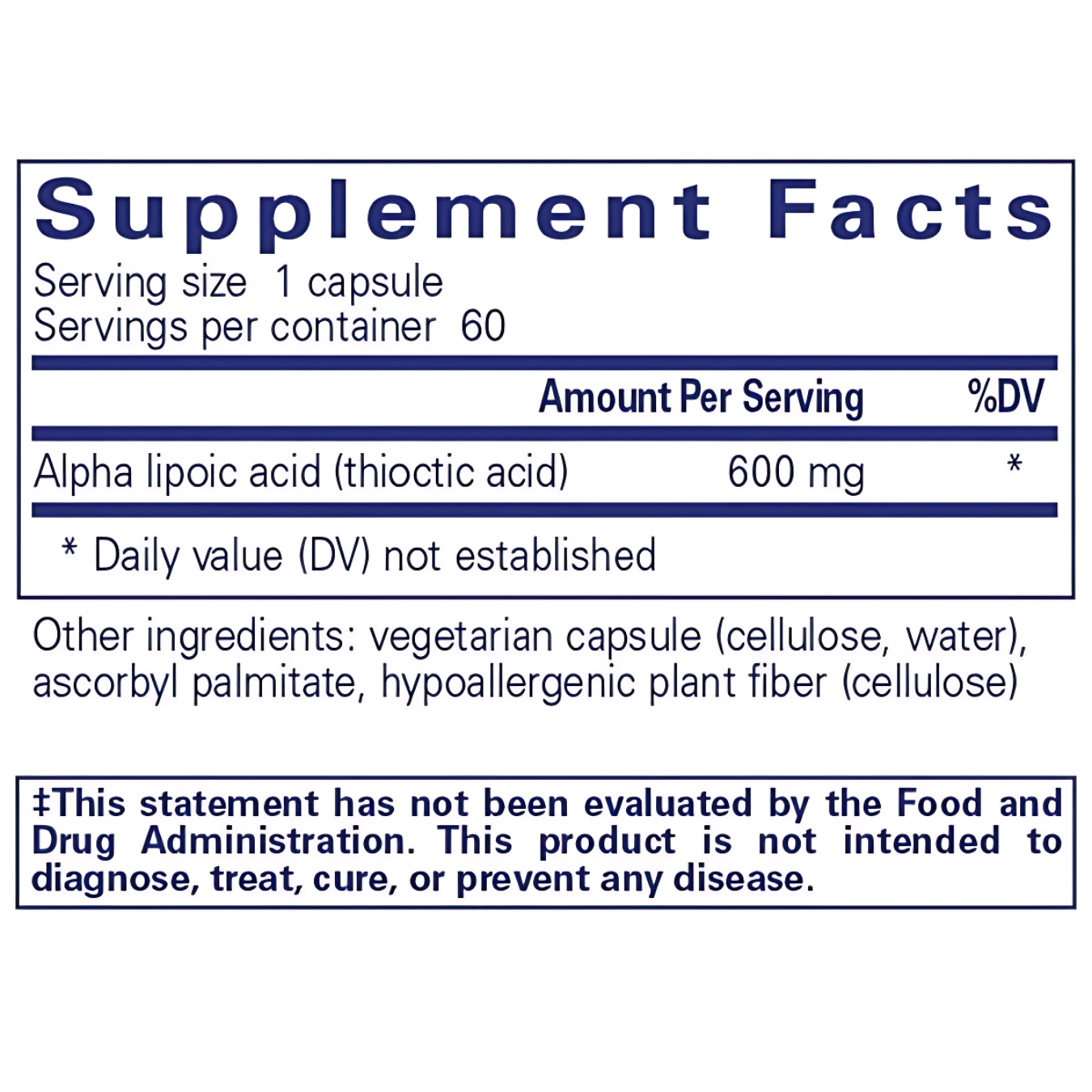 Supplement facts for Alpha Lipoic Acid 60ct, detailing the ingredients and nutritional information for optimal health support.