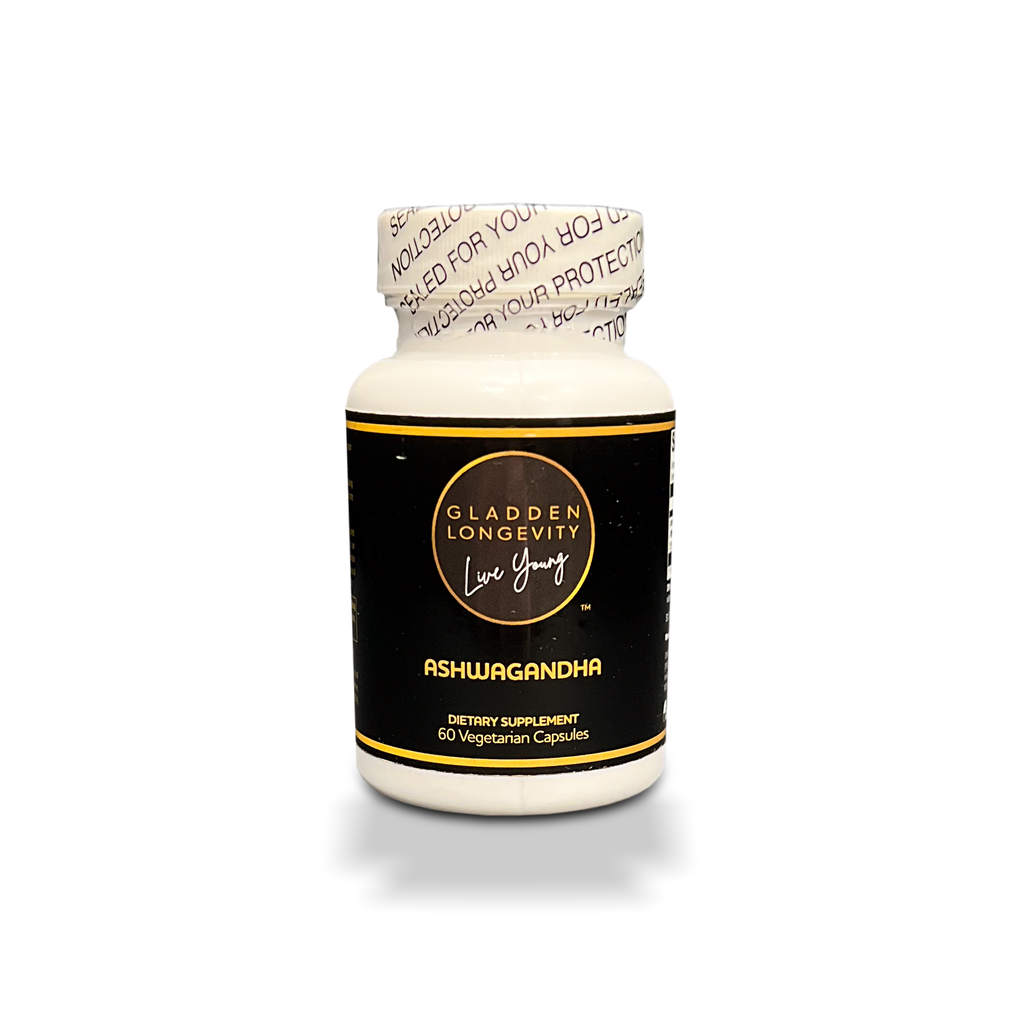 Ashwagandha supplement bottle, an adaptogenic herb to support stress relief, energy levels, and overall wellness.