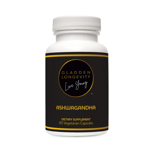 Ashwagandha supplement bottle, an adaptogenic herb to support stress relief, energy levels, and overall wellness.