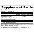 Supplement facts for Ashwagandha, featuring key ingredients and dosages for stress reduction, immune support, and energy boost.