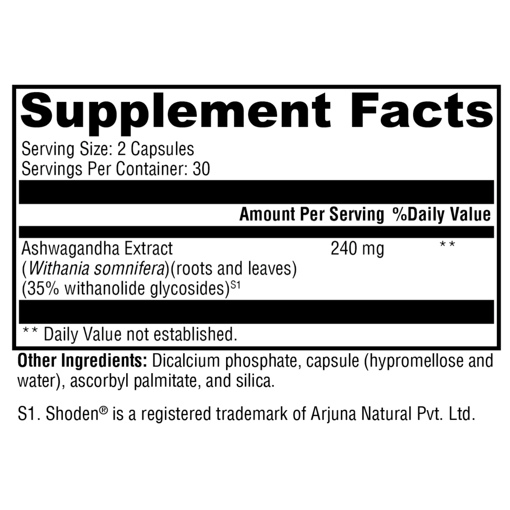 Supplement facts for Ashwagandha, featuring key ingredients and dosages for stress reduction, immune support, and energy boost.