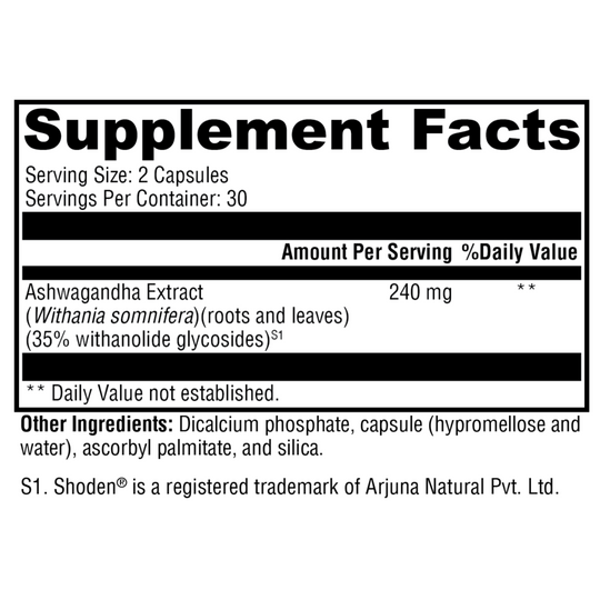 Supplement facts for Ashwagandha, featuring key ingredients and dosages for stress reduction, immune support, and energy boost.