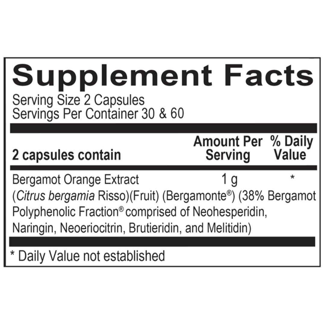 Supplement facts for Bergamot Pro, highlighting key ingredients and dosages for cardiovascular support, cholesterol regulation, and overall wellness.